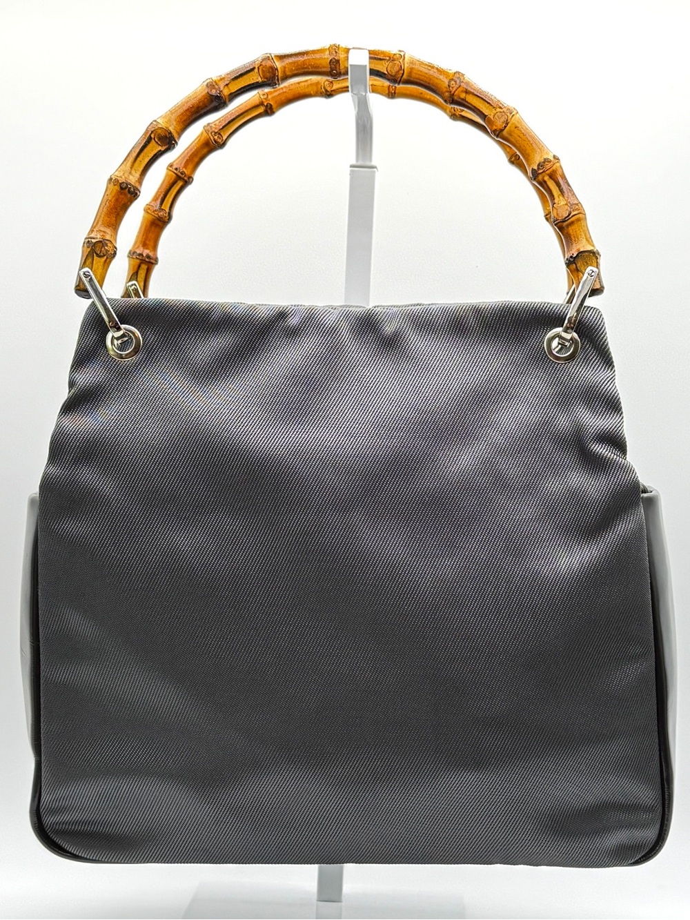 GUCCI Muted Metallic Black Nylon Bamboo Tote Bag- Vintage 90s